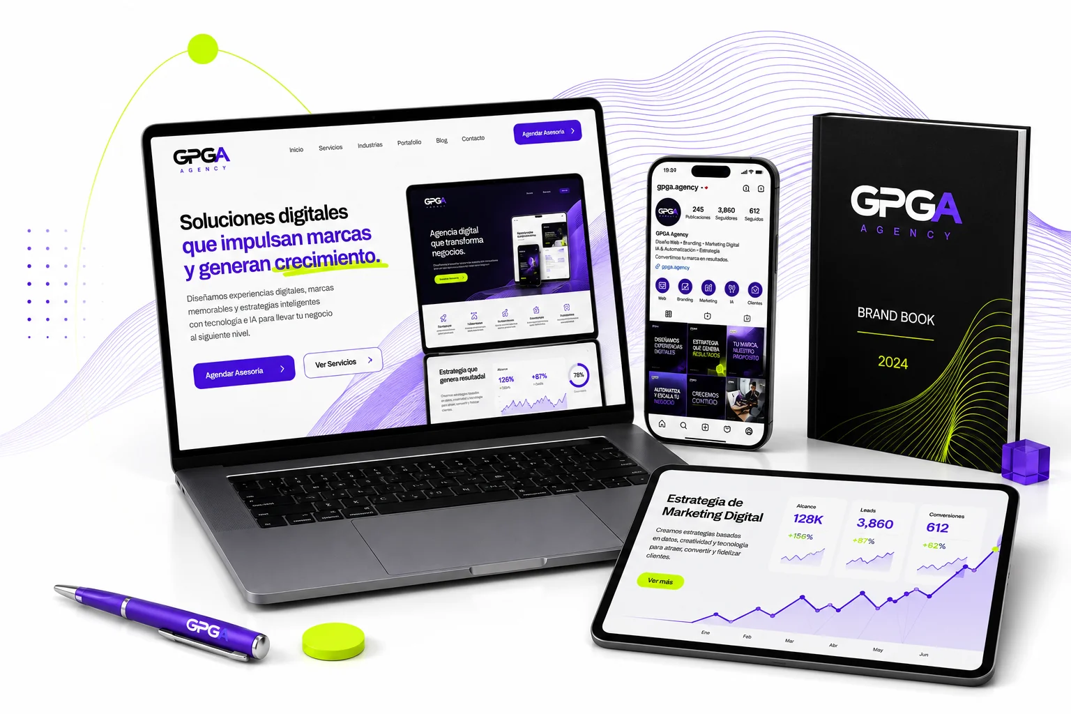 Laptop, teléfono, brand book y tablero de marketing de GPGA Agency